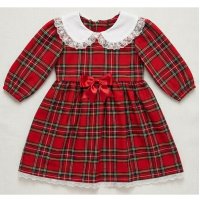 KWD04: Baby Girls Red Tartan Bow Dress With Lace Trim & Lining (0-4 years, Made in UK)